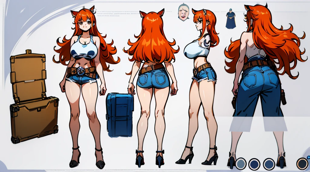 ((Best Quality)), ((Masterpiece)), (((detailed character sheet, frontal view, side view, three quarter view))) white background、one piece、US、whole body、whole bodyイラスト、whole bodyアニメーション、whole bodyリファレンスシート、denim、Tank top、High heels、Swimwear、Bikini、original、New World、Long Hair、Orange Hair、Tattoo on left arm、Ring belt、Heighten your head、smile、Cute face、Big Breasts、Narrow waist、Long legs、Beautiful feet、9 heads