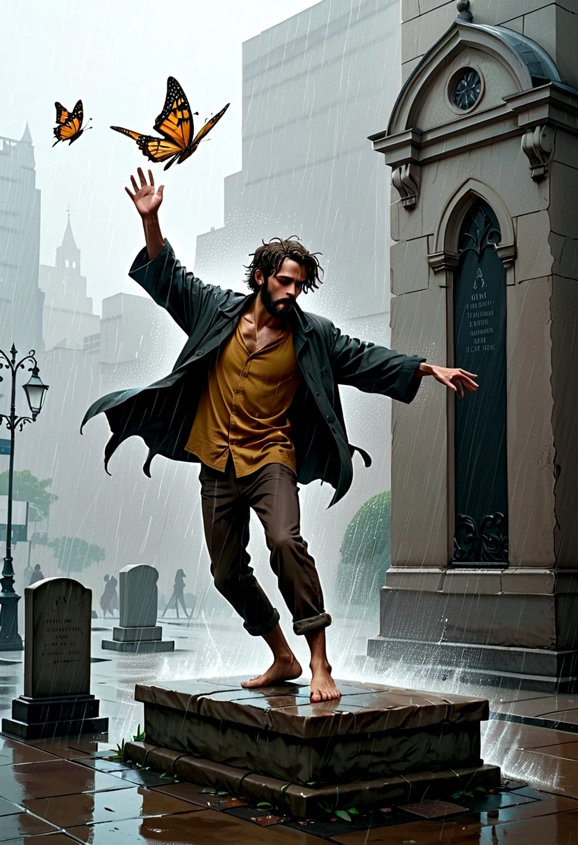 Gothic Art:A homeless man dancing alone in the rain, souls,Standing barefoot on a tombstone,Loose and worn clothes,Professional ballet movements,Butterflies chasing fingertips,Very contagious,Splash,Light and Shadow,Minimalism,artistic conception,Clean background