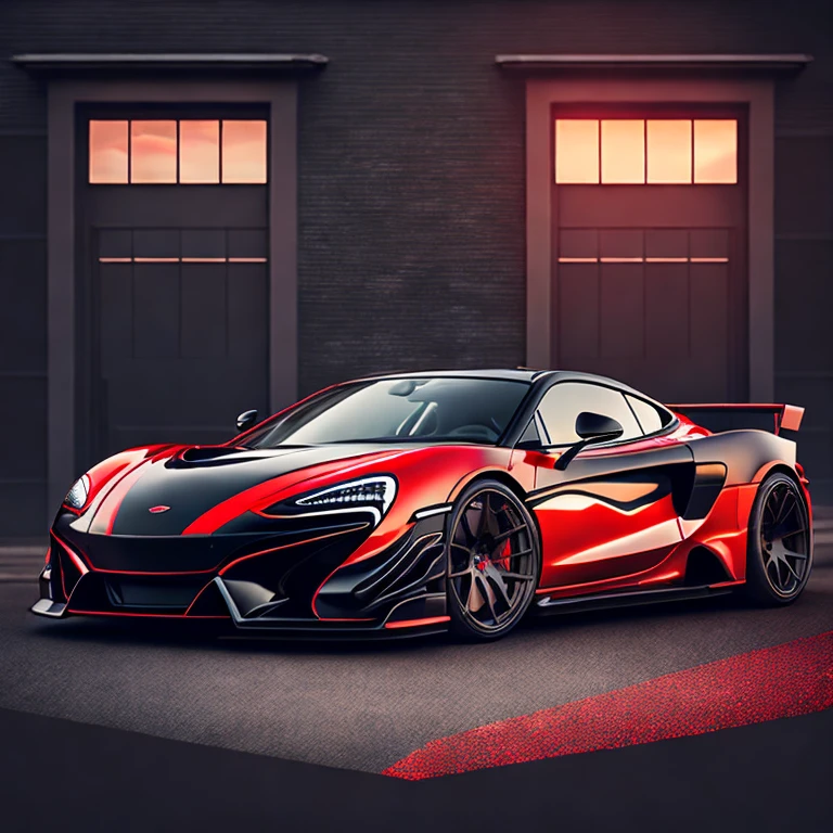 Art for t-shirt graphic design, a modern graphic design, classic black with red roof McLAREN 570S GT4, ((carbon fiber, Kit de corpo ultra largo Liberty walk)), Aggressive pose ((fund: outside old industrial style building, large windows in fund, cloudy sky, heavy industrial look, cobble stone Street)), 8 k quality, realisitic, 真实感, Spitz, detailded, ultralargo, black and carbon fiber and deep candy colour scheme, frontal profile, epic stance, Epic Ultra Long Body Kit, super low posture, aggressive looks , Street, bold red, fund British flag in vintage pastel tone, highly detailded clean, vector image, realisitic masterpiece, professional photograpy, realisitic car, car sunrise fund, flat black fund, isometric, vibrant vector