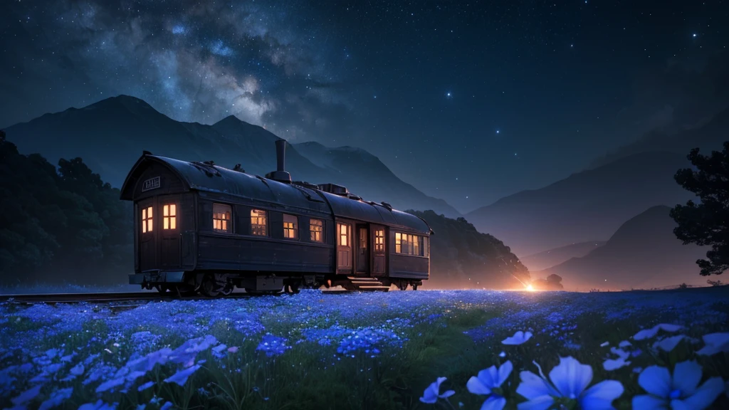 a derelict unmanned small old train station and line on the glowing nemophila flowers hill, under a night sky with a full moon, ethereal blue-tinted world, fantasy, highly detailed, 8k, (best quality,4k,8k,highres,masterpiece:1.2),ultra-detailed,(realistic,photorealistic,photo-realistic:1.37),cinematic lighting,dramatic colors,dramatic atmosphere,depth of field,elegant,serene,tranquil,mystical,dreamy