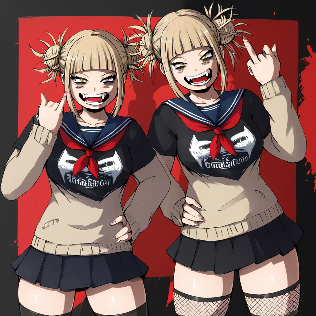 Himiko toga She was wearing a black t-shirt with red letters that said "suicide silence" in twisted calligraphy and a short black skirt with black fishnet stockings as she sat raising her middle finger.