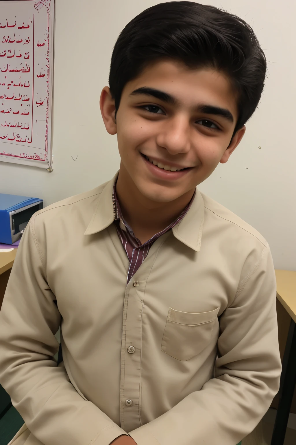 made for me a young 12 y.o persian student boy smiling