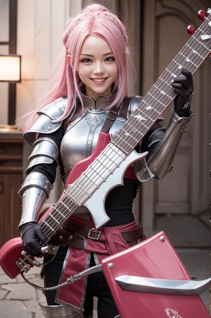 Character pink hair silver armor a red sword and guitar and a smile