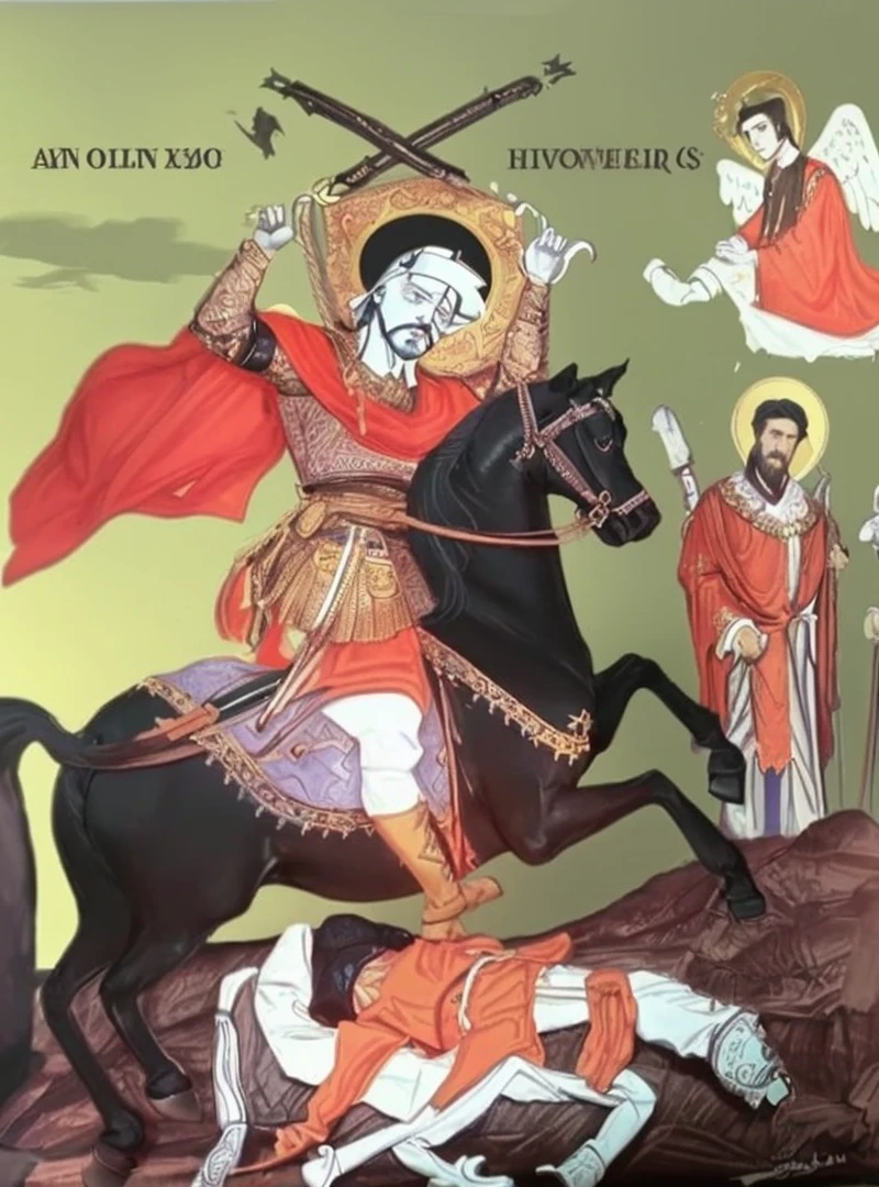 a man on a horse with a black horse and angels, strong man wears old roman war clothes,hold two catana,his enemy is lying down killed under ,orthodox saint,