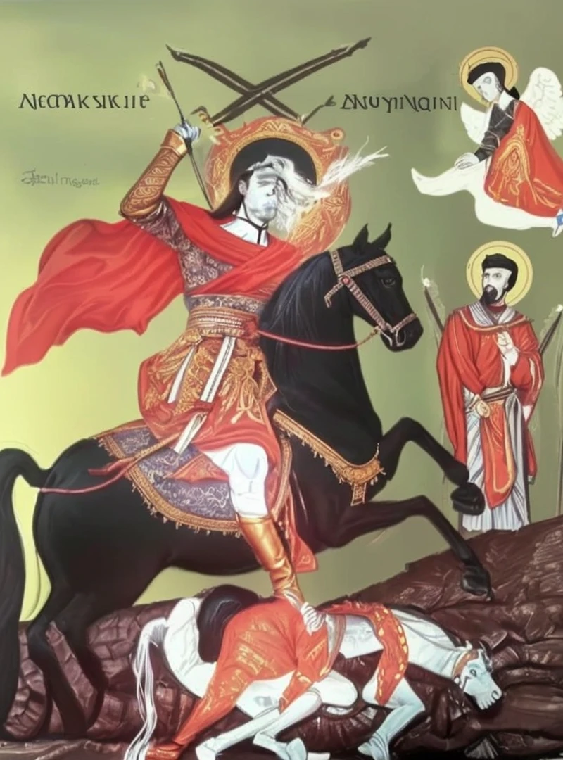 a man on a horse with a black horse and angels, strong man wears old roman war clothes,hold two catana,his enemy is lying down killed under ,orthodox saint,
