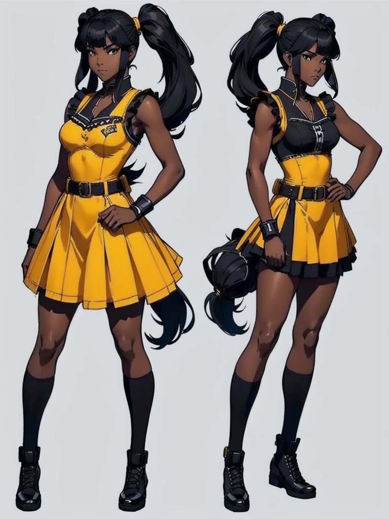 ((best quality)), ((4k)), ((highres)), ((masterpiece:1.2)). ((detailed)), ((ultra realistic)), ((intricate details)), ((full body picture)), ((character design sheet)), ((blank background)), ((standing in a blank background)), full body shot of a beautiful black female, ebony beauty, woman, 18 years old girl, dark brown skin, about 5'5 ft. tall, smirk on her face, ((smirking)), long curly black hair, ((long curly hair)), long hair, high pigtails, (((high pigtails)), dressed in a yellow sleeveless babydoll dress, ((EMPHASIS ON HER YELLOW SLEEVELESS BABYDOLL DRESS)), black leather belt on her waist, bare legs, yellow school girl HIGH SOCKS AND school girl BLACK SHOES, fighting game character design, tekken character design, the king of fighters character concept art, character concept art, full body, 18 years old female fighter, girly girl, cute girl, girly fighter character concept art