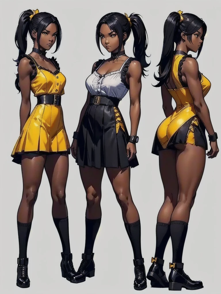 ((best quality)), ((4k)), ((highres)), ((masterpiece:1.2)). ((detailed)), ((ultra realistic)), ((intricate details)), ((full body picture)), ((character design sheet)), ((blank background)), ((standing in a blank background)), full body shot of a beautiful black female, ebony beauty, woman, 18 years old girl, dark brown skin, about 5'5 ft. tall, smirk on her face, ((smirking)), long curly black hair, ((long curly hair)), long hair, high pigtails, (((high pigtails)), dressed in a yellow sleeveless babydoll dress, ((EMPHASIS ON HER YELLOW SLEEVELESS BABYDOLL DRESS)), black leather belt on her waist, bare legs, yellow school girl HIGH SOCKS AND school girl BLACK SHOES, fighting game character design, tekken character design, the king of fighters character concept art, character concept art, full body, 18 years old female fighter, girly girl, cute girl, girly fighter character concept art