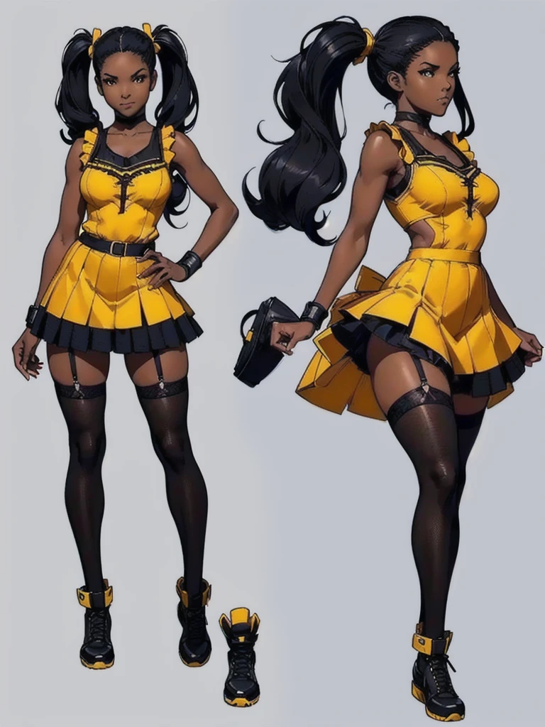 ((best quality)), ((4k)), ((highres)), ((masterpiece:1.2)). ((detailed)), ((ultra realistic)), ((intricate details)), ((full body picture)), ((character design sheet)), ((blank background)), ((standing in a blank background)), full body shot of a beautiful black female, ebony beauty, woman, 18 years old girl, dark brown skin, about 5'5 ft. tall, smirk on her face, ((smirking)), long curly black hair, ((long curly hair)), long hair, high pigtails, (((high pigtails)), dressed in a yellow sleeveless babydoll dress, ((EMPHASIS ON HER YELLOW SLEEVELESS BABYDOLL DRESS)), black leather belt on her waist, bare legs, yellow school girl HIGH SOCKS AND school girl BLACK SHOES, fighting game character design, tekken character design, the king of fighters character concept art, character concept art, full body, 18 years old female fighter, girly girl, cute girl, girly fighter character concept art