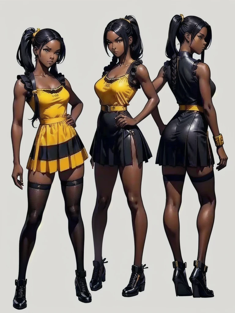 ((best quality)), ((4k)), ((highres)), ((masterpiece:1.2)). ((detailed)), ((ultra realistic)), ((intricate details)), ((full body picture)), ((character design sheet)), ((blank background)), ((standing in a blank background)), full body shot of a beautiful black female, ebony beauty, woman, 18 years old girl, dark brown skin, about 5'5 ft. tall, smirk on her face, ((smirking)), long curly black hair, ((long curly hair)), long hair, high pigtails, (((high pigtails)), dressed in a yellow sleeveless babydoll dress, ((EMPHASIS ON HER YELLOW SLEEVELESS BABYDOLL DRESS)), black leather belt on her waist, bare legs, yellow school girl HIGH SOCKS AND school girl BLACK SHOES, fighting game character design, tekken character design, the king of fighters character concept art, character concept art, full body, 18 years old female fighter, girly girl, cute girl, girly fighter character concept art