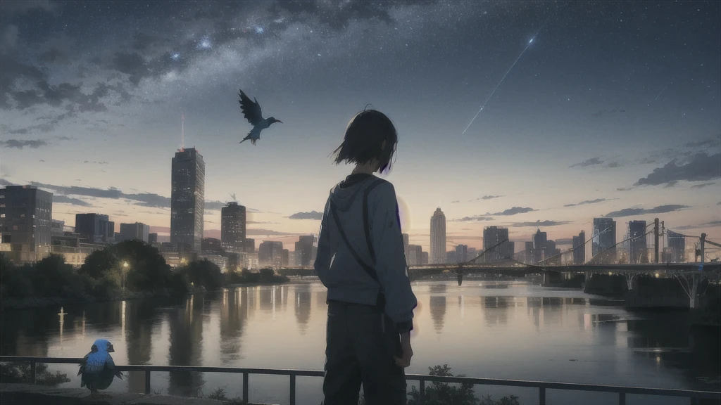 真っ暗なnight空,Octane, star (null), scenery, Blue parakeet,The acoustic guitar is in front of the body.,star, night, A girl and a boy standing back to back, Back view, alone, Outdoor, city,river,Blue parakeet,building, cloud, 天のriver,silhouette