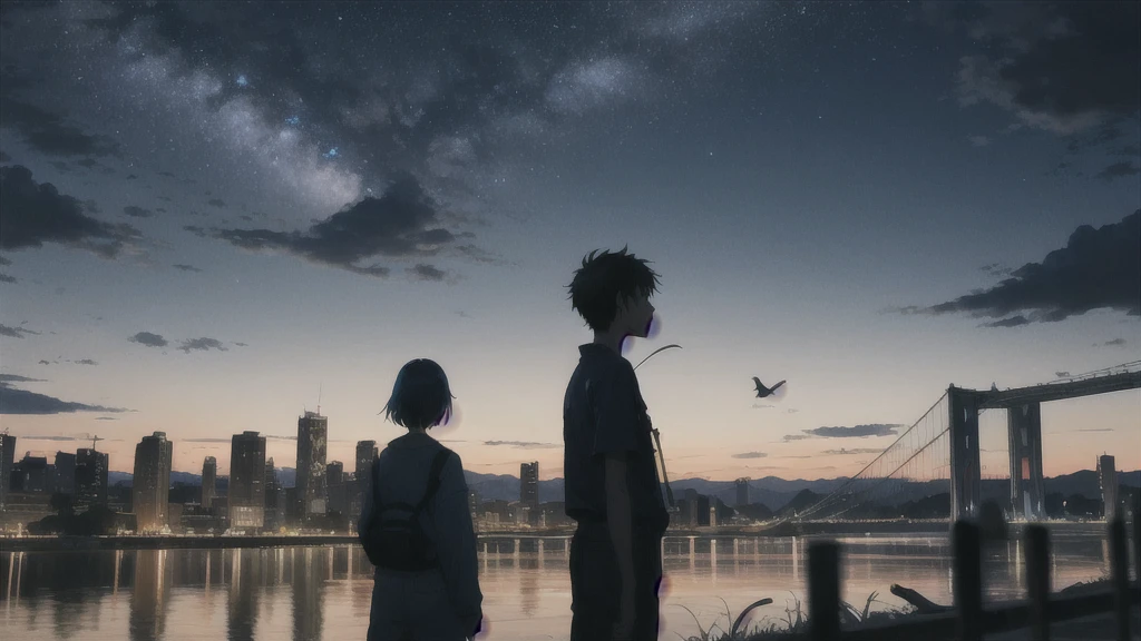 真っ暗なnight空,Octane, star (null), scenery, Blue parakeet,The acoustic guitar is in front of the body.,star, night, A girl and a boy standing back to back, Back view, alone, Outdoor, city,river,Blue parakeet,building, cloud, 天のriver,silhouette