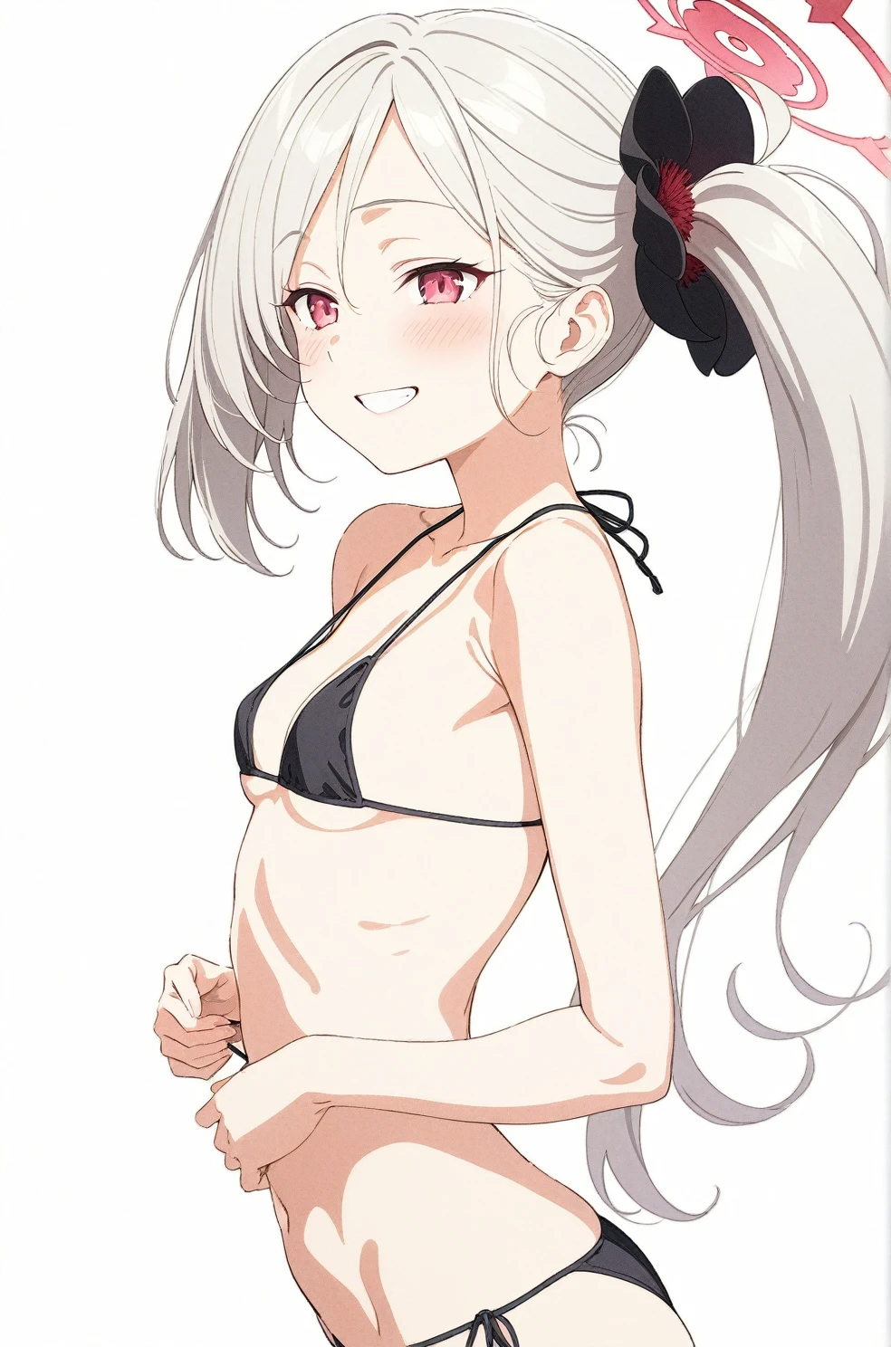 best quality, amazing quality, very aesthetic, absurdres, (1girl, mutsuki, blue archive, solo, red eyes, white hair, side ponytail), (realistic face:0.9),(string bikini:1.8),dress lift, (grin, blush, thigh:1.3), (cowboy shot), (glowing eyes), (half closed eyes:0.9), (from side:2), (official art:1.3), (pool), expressive eyes, perfect face, 4k, extremely detailed anime illustration, extremely detailed eyes, perfect anatomy, light rays, extremely delicate body, smooth skin, (simple background:1.5), clear eyes, beautiful face, small breasts, (Warm Light:1.5), (highres:2),