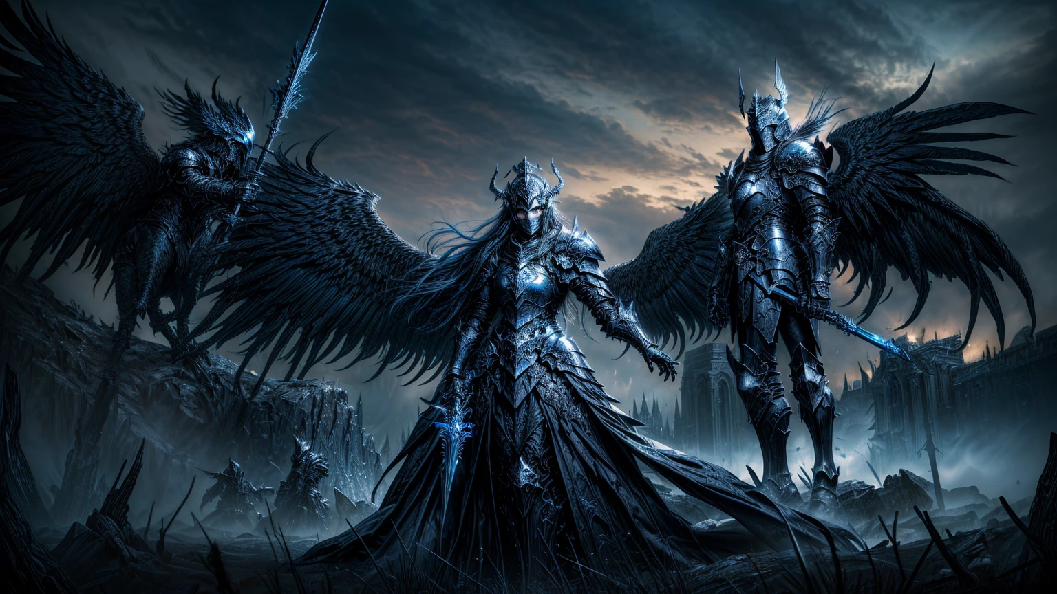  dark fantasy aestetics, elden ring, elden ring style dark night, dim light, huge wings made of grey and blue fire, death knight, black armour, knight covered in grey fire, ornamented helmet, winged helmet, ornamented armour, beautiful armour, horrifing beauty, standing with the gungnir spear, big grass field on the background, dark fantasy, horror, dnd, atmospheric perspective, perspective, wide shot, 4K, 8k, highres, high quality, masterpiece, best quality