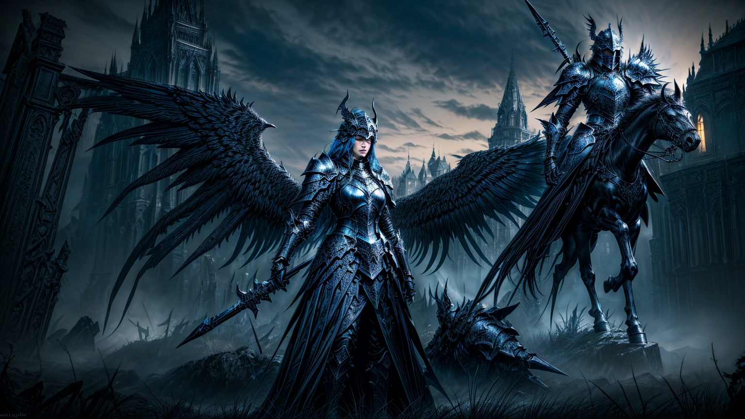  dark fantasy aestetics, elden ring, elden ring style dark night, dim light, huge wings made of grey and blue fire, death knight, black armour, knight covered in grey fire, ornamented helmet, winged helmet, ornamented armour, beautiful armour, horrifing beauty, standing with the gungnir spear, big grass field on the background, dark fantasy, horror, dnd, atmospheric perspective, perspective, wide shot, 4K, 8k, highres, high quality, masterpiece, best quality
