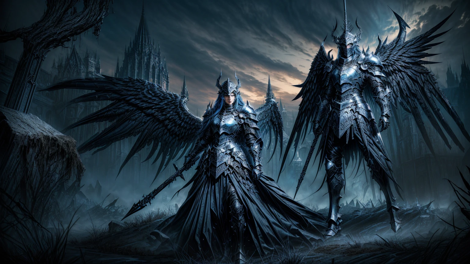 dark fantasy aestetics, elden ring, elden ring style dark night, dim light, huge wings made of grey and blue fire, death knight, black armour, knight covered in grey fire, ornamented helmet, winged helmet, ornamented armour, beautiful armour, horrifing beauty, standing with the gungnir spear, big grass field on the background, dark fantasy, horror, dnd, atmospheric perspective, perspective, wide shot, 4K, 8k, highres, high quality, masterpiece, best quality