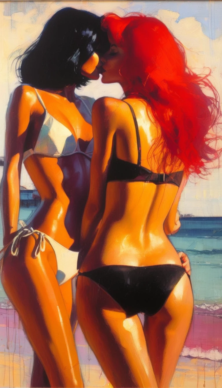 two girls, 1 red hair girl and 1 black hair girl, on the beach, bikini, nude tits, affectionate, sun (art inspired by Bill Sienkiewicz). oil painting)