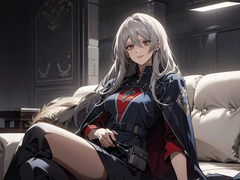 (Confused, High resolution, Very detailed), 1 female, Silver Hair,Long Hair,Reddish brown eyes,Blue and black pilot suit,24th generation,beauty,mature,thin,quiet,Calm,sofa,,Looks happy,White long cloak,Relaxing