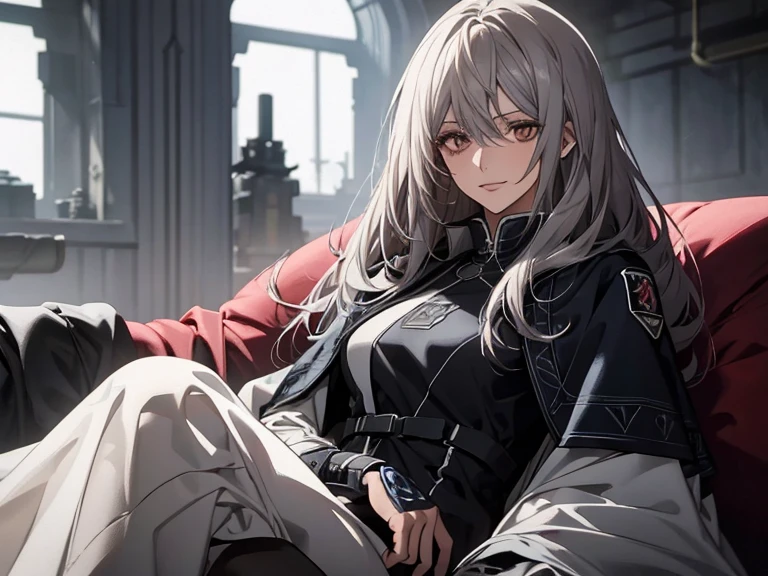 (Confused, High resolution, Very detailed), 1 female, Silver Hair,Long Hair,Reddish brown eyes,Blue and black pilot suit,24th generation,beauty,mature,thin,quiet,Calm,sofa,,Looks happy,White long cloak,Relaxing