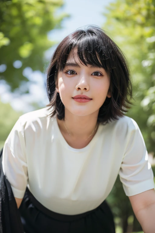 (award winning, 8k, super detailed, high resolution, best quality, professional photography, portrait), 1girl, solo, beautiful girl, beautiful eyes, detailed eyes, (black eye), (white shirt), short hair, black hair, walking in the park, POV, (from below), [coy smile], summer