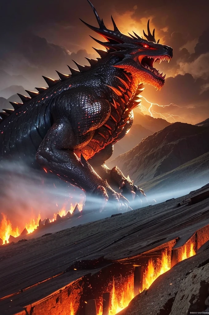 "A fearsome dragon soaring above a fiery landscape, its massive wings spread wide and casting a shadow over the land. The dragon's scales glisten with an eerie, metallic sheen, reflecting the intense flames below. Its eyes blaze with ancient, untamed power, and its maw is open in a fearsome roar, revealing rows of razor-sharp teeth. Smoke and embers swirl around its formidable form, adding to the sense of chaos and destruction. The background features towering mountains and a dark, stormy sky, with lightning illuminating the scene, highlighting the dragon's majestic and terrifying presence. Highly detailed, hyper-realistic, dramatic lighting, dynamic composition."