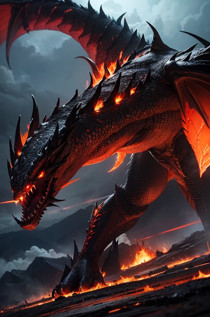 "A fearsome dragon soaring above a fiery landscape, its massive wings spread wide and casting a shadow over the land. The dragon's scales glisten with an eerie, metallic sheen, reflecting the intense flames below. Its eyes blaze with ancient, untamed power, and its maw is open in a fearsome roar, revealing rows of razor-sharp teeth. Smoke and embers swirl around its formidable form, adding to the sense of chaos and destruction. The background features towering mountains and a dark, stormy sky, with lightning illuminating the scene, highlighting the dragon's majestic and terrifying presence. Highly detailed, hyper-realistic, dramatic lighting, dynamic composition."