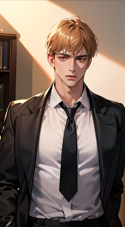 (best quality, masterpiece, 8K, photorealistic, cinematic lighting, 1:4 hdr image, ultra detailed, beautiful image), a mature man, 34 years very handsome, ((cold expression)), short golden hair, red eyes, face perfect without mistakes, ((buttoning his jacket, CEO))