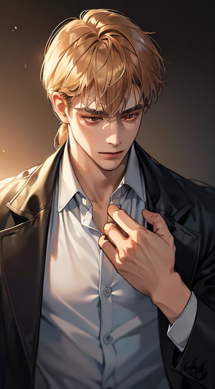 (best quality, masterpiece, 8K, photorealistic, cinematic lighting, 1:4 hdr image, ultra detailed, beautiful image), a mature man, 34 years very handsome, ((cold expression)), short golden hair, red eyes, face perfect without mistakes, ((buttoning his jacket, CEO))