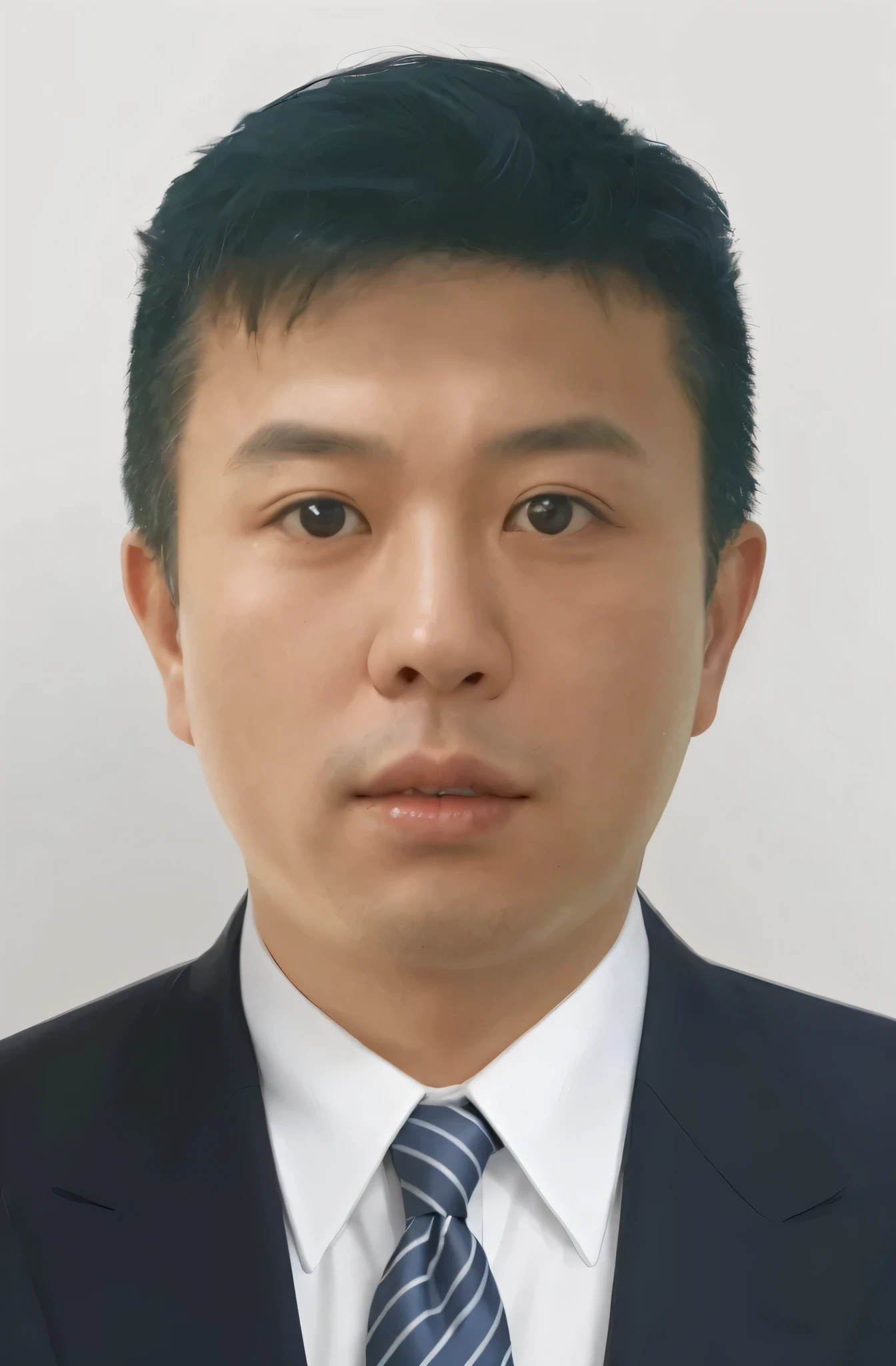 a realistic headshot of an asian man with a round face and short, dark hair. The man has a serious expression with wide-open eyes and closed lips. He is wearing a dark suit (black or navy), a white dress shirt with a stiff collar buttoned up, and a dark blue tie with diagonal white stripes. The background should be plain and light-colored, ensuring the focus remains on the man's face and attire