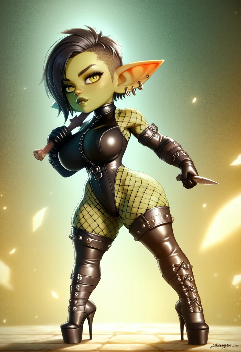 Girl, goblin girl, goblin, green skin, short, short stature,short hair, black hair, large breasts, miniskirt, latex, long gloves, thigh boots, goth, pouty lips, masterpiece, best quality, sexy, dynamic pose, 8k, shortstack, sfw, shiny, fantasy, dungeons and dragons, high heels, fishnets, holding, dark green skin, adventurer,, barbarian
