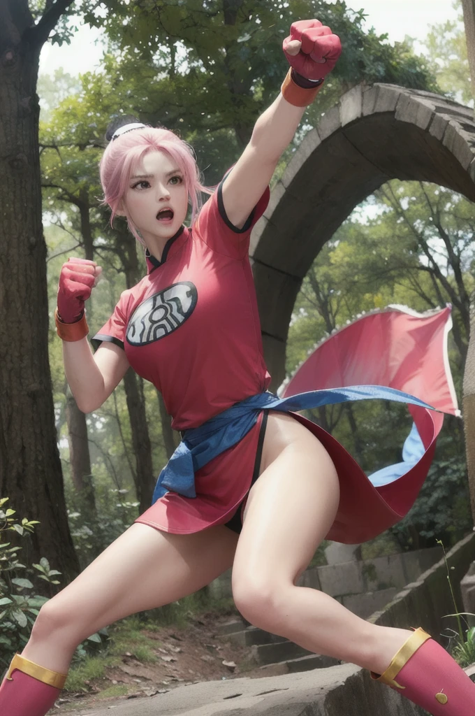 maam,big breasts,beautifuleyes,narrow waist,realistic,solo,outdoor,forest, martialMaam,pink hair,hair bun,long hair,china dress,short sleeves,sash,fingerless gloves,beautiful legs, clenched fists, (action pose,:1.1), (masterpiece, best quality:1.1), (open mouth, clenched fist, action pose,:1.1), ((fight against)), (ambush), maam, dragon quest,