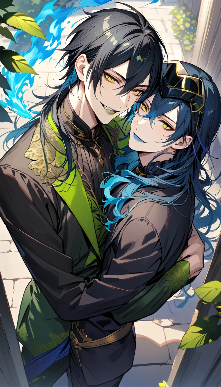 (pieces fly), (highest quality), very detailed, ((two men)), perfect face, beautiful face, very detailed face, from above, (black haired man:1.3),(blue haired man:1.3),suit,shirt,smile,flower, (1st boy,Idia Shroud, bishounen, boy, male, extremely long hair, blue hair, blue fire hair, wavy hair, yellow eyes, tired expression, blue lips, handsome, skinny, geeky, blue glow, shark teeth,) (2nd boy, malleus draconia \(twisted wonderland\) horns, bishounen, boy, male, long hair, black hair, yellow green eyes, smile, gray lips, handsome, skinny, tall, yellow green glow,) Two men are hugging each,