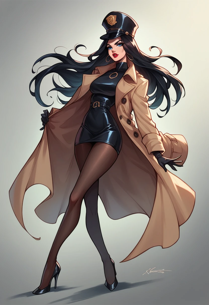 SCORE_9, xcarmenx, black hair, long hair, blue eyes, makeup, lipstick, hat, trench coat, gloves, high heels