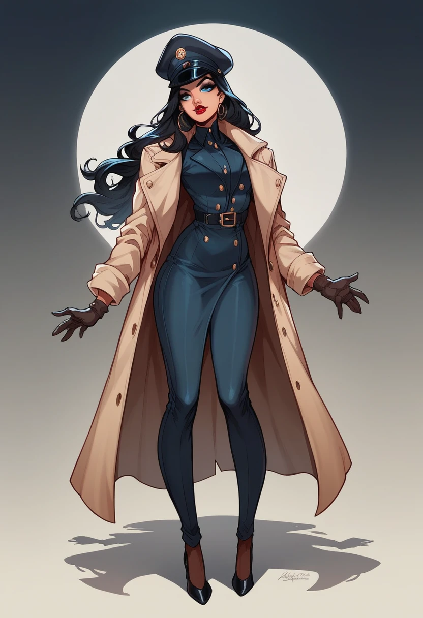 SCORE_9, xcarmenx, black hair, long hair, blue eyes, makeup, lipstick, hat, trench coat, gloves, high heels