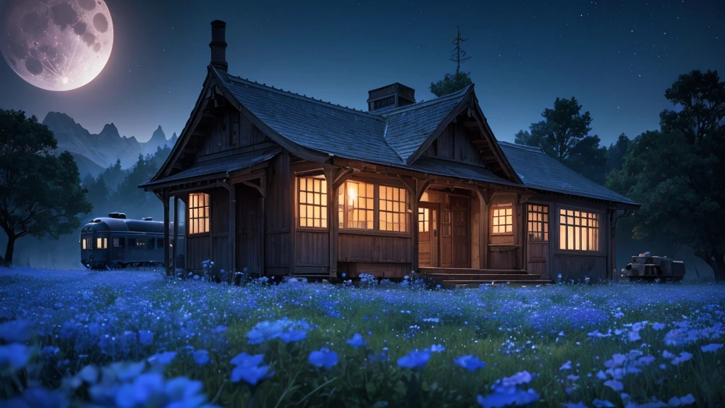 a derelict unmanned small old train station and line on the glowing nemophila flowers hill, under a night sky with a full moon, ethereal blue-tinted world, fantasy, highly detailed, 8k, (best quality,4k,8k,highres,masterpiece:1.2),ultra-detailed,(realistic,photorealistic,photo-realistic:1.37),cinematic lighting,dramatic colors,dramatic atmosphere,depth of field,elegant,serene,tranquil,mystical,dreamy