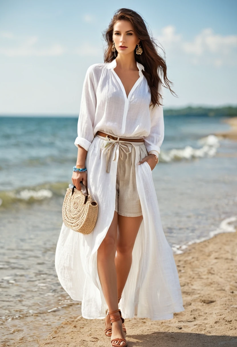 Beautiful  style, beautiful sexy woman, full-length, beautiful accessories,cotton or linen blouse, shorts or a long cotton skirt, summer sandals, appropriate accessories, a summer handbag, and natural makeup