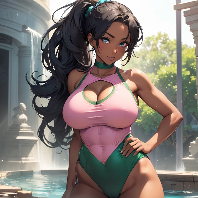 (absurdres, best high quality image, carefuly detailed features and textures, very detailed image, solo character alone, back character view): {{(1character: 43 years old human noble woman milf), ((african black skin), (blue eyes), (grey eyebrows), (beautiful features, absolute beauty), (pink lips), (grey long hair tied in a high ponytail), (voluptuous figure, big breasts, beautiful arms, beautiful legs)), ((green girly fitness one-piece thong leotard)), (shanking her booty relaxed, sweet demeanor, shy expression, sweetness smile), (fountain green plaza)}}