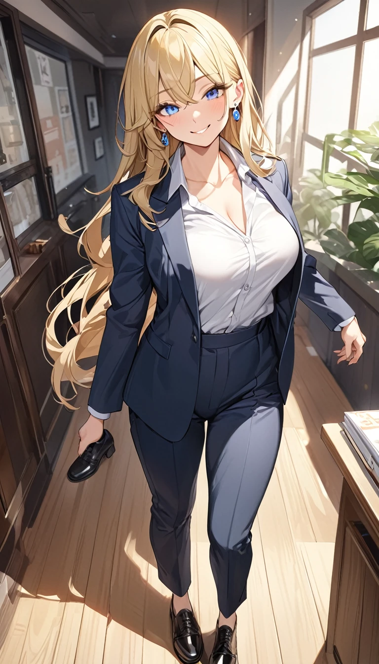 (Highest quality、Very detailed、Ultra-high resolution) 、(1 girl、17 years old、Mature), blue eyes、smile、((Blonde))、Semi-long hair、Beautiful breasts、(suit:1.4), T shirt, Oxford shoes, earrings