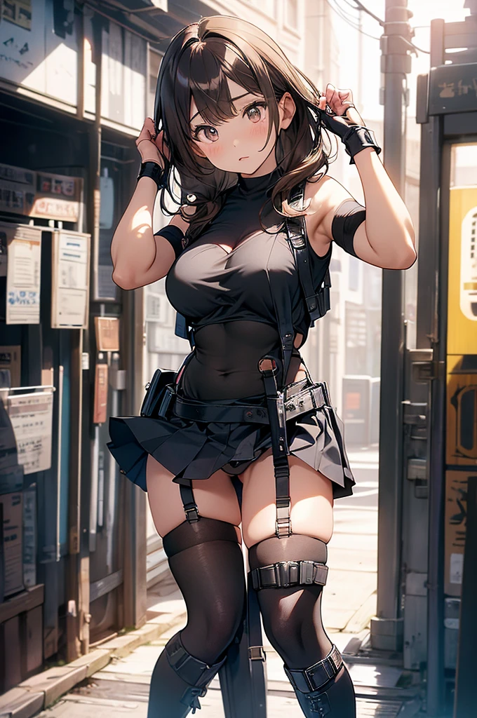 Brown hair、watching at viewers black suspenders Bulging big breasts walls: Black miniskirt garters Gaze Small face bangss holster Beautuful Women hands up レッグholster ベッドに横たわる Gaze black boots panty shot provocation flank flank汗 soio arm