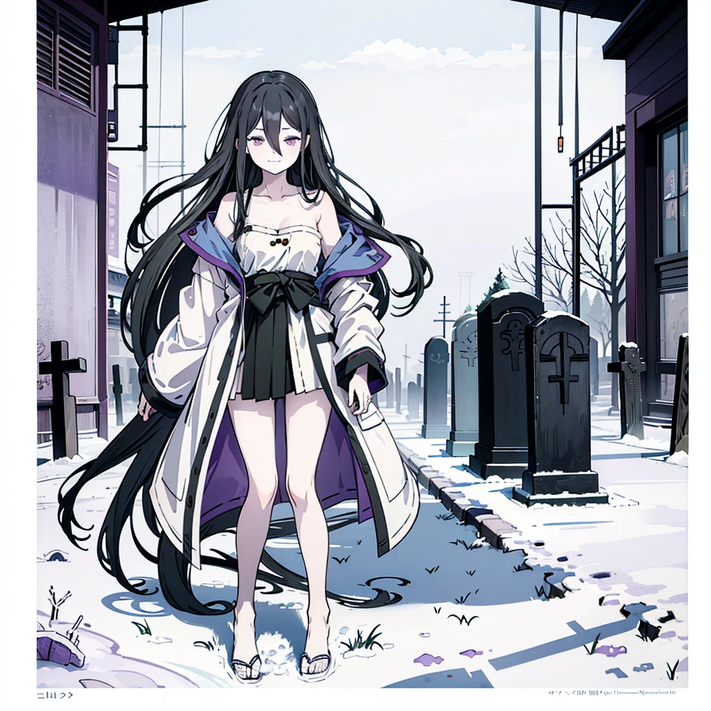 (Highest quality), (masterpiece),Black Hair, Purple Eyes, Purple kimono, Exposing shoulders, ,Fair skin, Long Hair, Long Bangs,  Small breasts, Confused eyes, snow, sexy, Cemetery, Cross Grave, jitome, evil grin smile, indian style, half closed eyes, Off Shoulder, ass pov, pale skin, flat chest, wavy hair