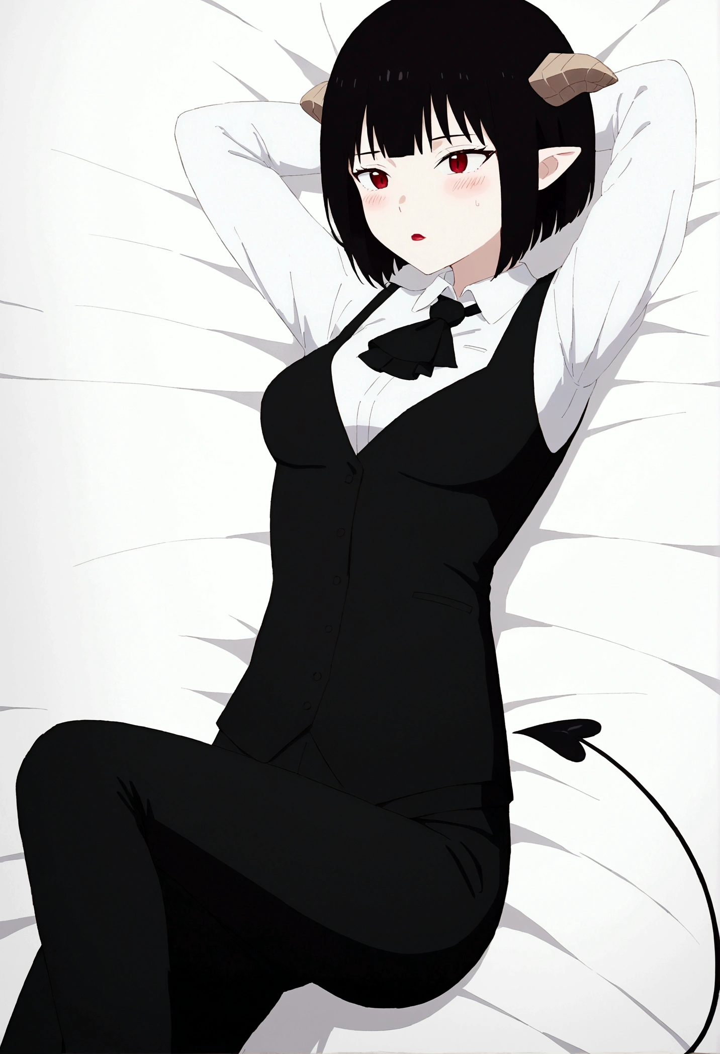 work of art, best qualityer, high resolution, 1girl horns short hair demon tail, white shirt black ascot black gloves black pants black vest lying on your back, sheet, Hands behind the head,Eyes red,blushed,slender