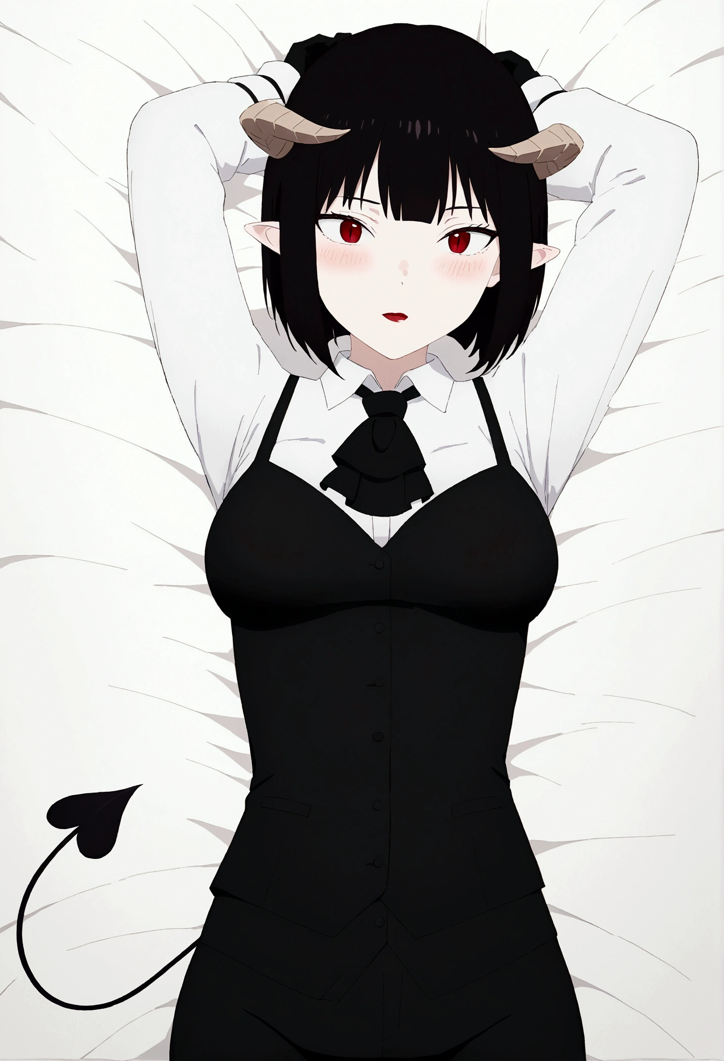 work of art, best qualityer, high resolution, 1girl horns short hair demon tail, white shirt black ascot black gloves black pants black vest lying on your back, sheet, Hands behind the head,Eyes red,blushed,slender