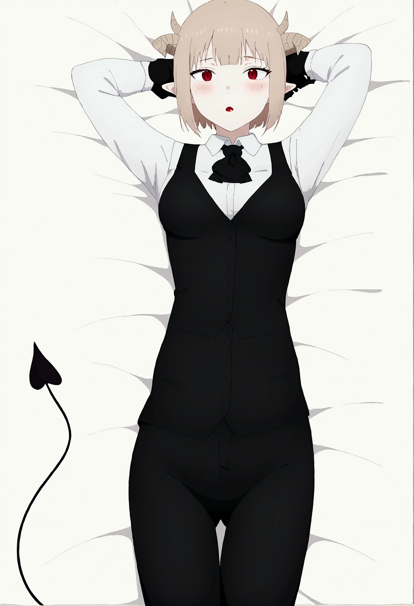 work of art, best qualityer, high resolution, 1girl horns short hair demon tail, white shirt black ascot black gloves black pants black vest lying on your back, sheet, Hands behind the head,Eyes red,blushed,slender
