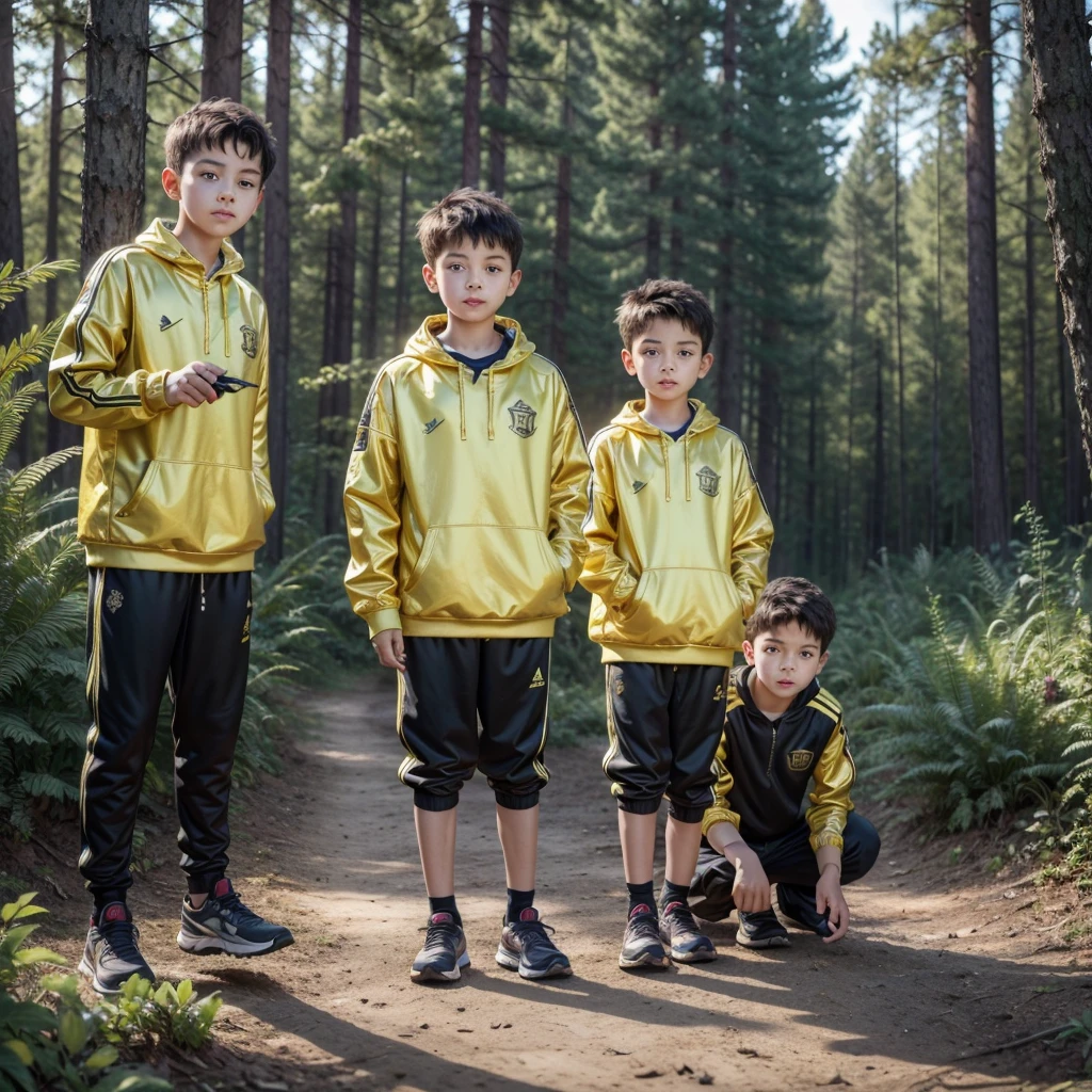 three male children, at , detailed perfect face, 4K image, sportswear, looking for treasures in the middle of the forest, metal detector, you are clear, gold bullion.