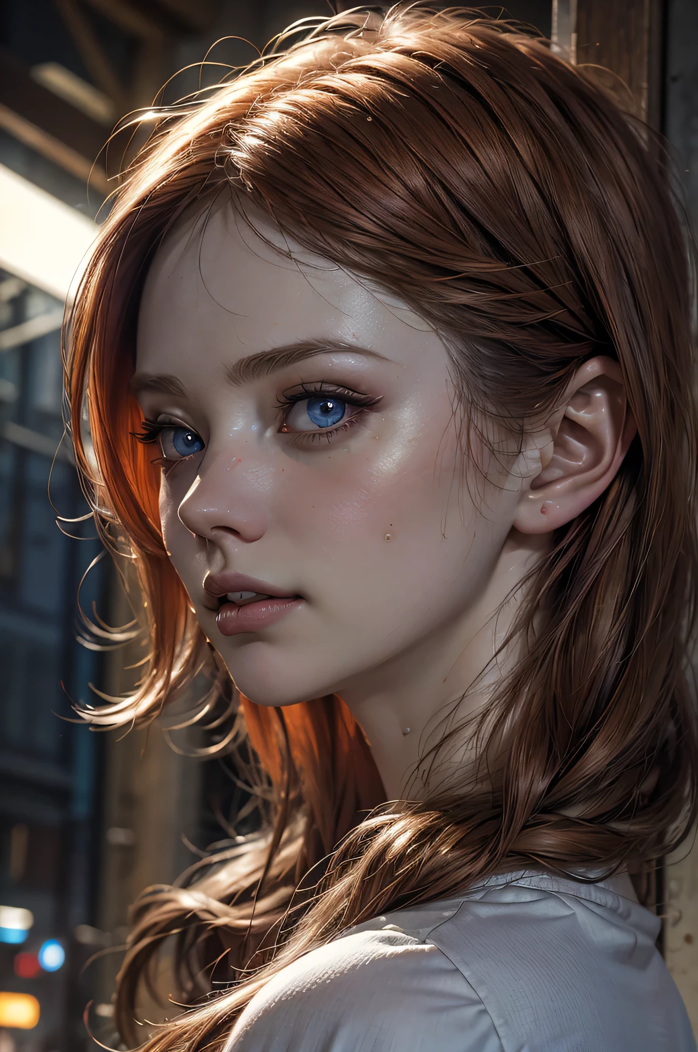 light redhead hair, vibrant blue eyes, white pale skin, portrait, rocker clothes, band clothes, thin nose, thin chin, 
dark night scene, High detail RAW colored art, (detailed skin, skin texture), (muscle), intricate details, fine details, hyperdetailed, 
ray tracing, subsurface scattering, diffuse soft lighting, red and blue spotlight, 
by Jeremy Mann, Greg Manchess, Antonio Moro, trend at ArtStation, trend at CGSociety, Intricate, 
High Detail, Sharp focus, dramatic and photorealistic painting art by midjourney, bokeh in the background, Pub, best quality, masterpiece, 
only 1girl, fullbody portrait, night dark ambient, look at the viewer, white t-shirt, blue jeans pants, night bar, country scenario, slender girl