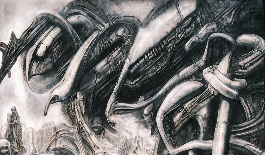 The image is a detailed view of H.R. Giger's biomechanical tableau \" Landscape XVI \" plate, featuring.
(airbrush painting, Giger's alien in front of broken alien ship in landscape, natural light, sharp focus, illustration, highly detailed, digital painting, concept art, matte, art by gric and kozhanov and moebius and Alphonse Mucha, masterpiece, HDR ,UHD , uplight, in HRGigerArhP style);1.
surrealistic painting of a monster with multiple tentacles and a body that looks like a brain, surrounded by a chaotic scene of swirling clouds and other monsters
 It's a complex network of bones and organs in eldritch color scheme:a greenish-brown hue ,swirling gery and brown colors. The artwork is silverish and green brown, with an ivory bones prominently displayed. The image is highly detailed and intricate, almost like a 3d version of a medical sketchwork.   
The piece is a tableau, most likely created with a India ink pen or pencil on paper, determined by the thin lines, shading techniques, and the texture of the paper, which is visible around the edges.
Used is pen, given the shading and variations in line weight visible in the image. Artist have used a variety of stylus with different degrees of hardness to achieve the shading effects.
 The use of undersaturated green-grays dark contrasts creates a stark and graphic look. Is used a variety of linework techniques to create different textures. Fine, parallel lines create a smooth, metallic texture,while thicker, more cursive lines suggest cables or wires.
Light source from the top highlights skeletals, pper part of foreground, lower part of image is in shadowupper part of foreground, lower part of image is in shadow.
The art performance showcases the artist’s skills in observation and rendering. The level of detail in the piece suggests a close study of real bone specimens and mechanics. The artist has skillfully used shading techniques to create a convincing illusion of three-dimensionality on a flat surface. The wrinkles 