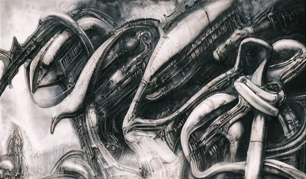 The image is a detailed view of H.R. Giger's biomechanical tableau \" Landscape XVI \" plate, featuring.
(airbrush painting, Giger's alien in front of broken alien ship in landscape, natural light, sharp focus, illustration, highly detailed, digital painting, concept art, matte, art by gric and kozhanov and moebius and Alphonse Mucha, masterpiece, HDR ,UHD , uplight, in HRGigerArhP style);1.
surrealistic painting of a monster with multiple tentacles and a body that looks like a brain, surrounded by a chaotic scene of swirling clouds and other monsters
It's a complex network of bones and organs in eldritch color scheme:a greenish-brown hue ,swirling gery and brown colors. The artwork is silverish and green brown, with an ivory bones prominently displayed. The image is highly detailed and intricate, almost like a 3d version of a medical sketchwork.
The piece is a tableau, most likely created with a India ink pen or pencil on paper, determined by the thin lines, shading techniques, and the texture of the paper, which is visible around the edges.
Used is pen, given the shading and variations in line weight visible in the image. Artist have used a variety of stylus with different degrees of hardness to achieve the shading effects.
The use of undersaturated green-grays dark contrasts creates a stark and graphic look. Is used a variety of linework techniques to create different textures. Fine, parallel lines create a smooth, metallic texture,while thicker, more cursive lines suggest cables or wires.
Light source from the top highlights skeletals, pper part of foreground, lower part of image is in shadowupper part of foreground, lower part of image is in shadow.
The art performance showcases the artist’s skills in observation and rendering. The level of detail in the piece suggests a close study of real bone specimens and mechanics. The artist has skillfully used shading techniques to create a convincing illusion of three-dimensionality on a flat surface. The wrinkles