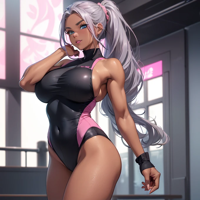 (absurdres, best high quality image, carefuly detailed features and textures, very detailed image, solo character alone, back character view): {{(1character: 43 years old human noble woman milf), ((african black skin), (blue eyes), (grey eyebrows), (beautiful features, absolute beauty), (pink lips), (grey long hair tied in a high ponytail), (voluptuous figure, big breasts, beautiful arms, beautiful legs)), ((pink girly fitness one-piece thong leotard)), (shanking her booty relaxed, sweet demeanor, shy expression, sweetness smile), (green plaza)}}