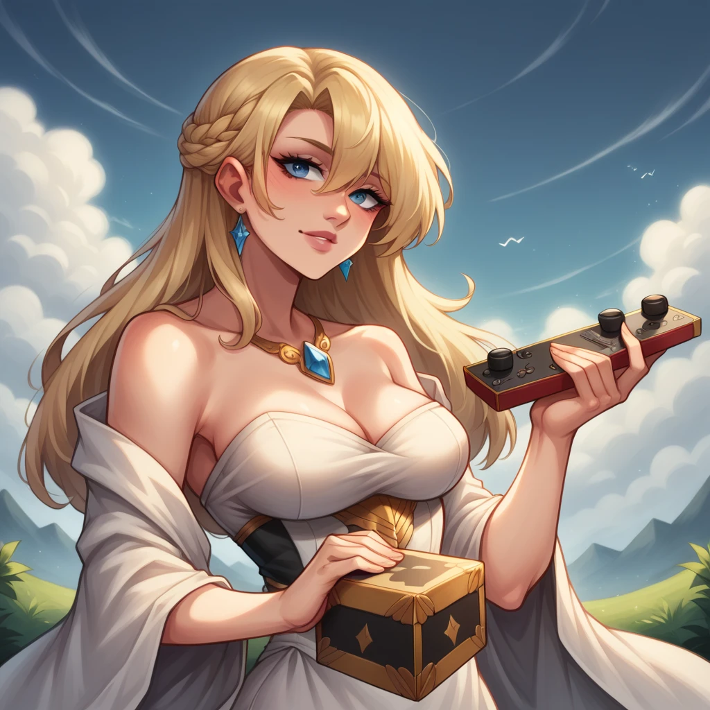 there is a woman in a white dress holding a Music Box, artwork in the style of guweiz, guweiz on pixiv artstation, guweiz on artstation pixiv, guweiz, fantasy art style, guweiz masterpiece, beautiful and elegant queen, beautiful character painting, detailed digital anime art, blonde - haired princess, White hair, sky blue eyes, pink lips
