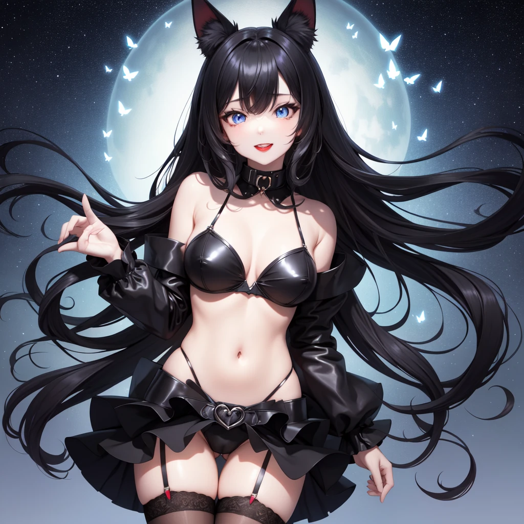 32k, best quality, ，Handcuffs，Collar，Cat ear，Black long hair,Red lips，Slim，Dressed in black bunny girl，Black garter stockings，Large Breasts，Charming blue eyes，expensive_solve, Clear_image, Detailed background, girl, flower, flower园, Starry Sky, Beautiful shape, Smile, Many butterflies々,