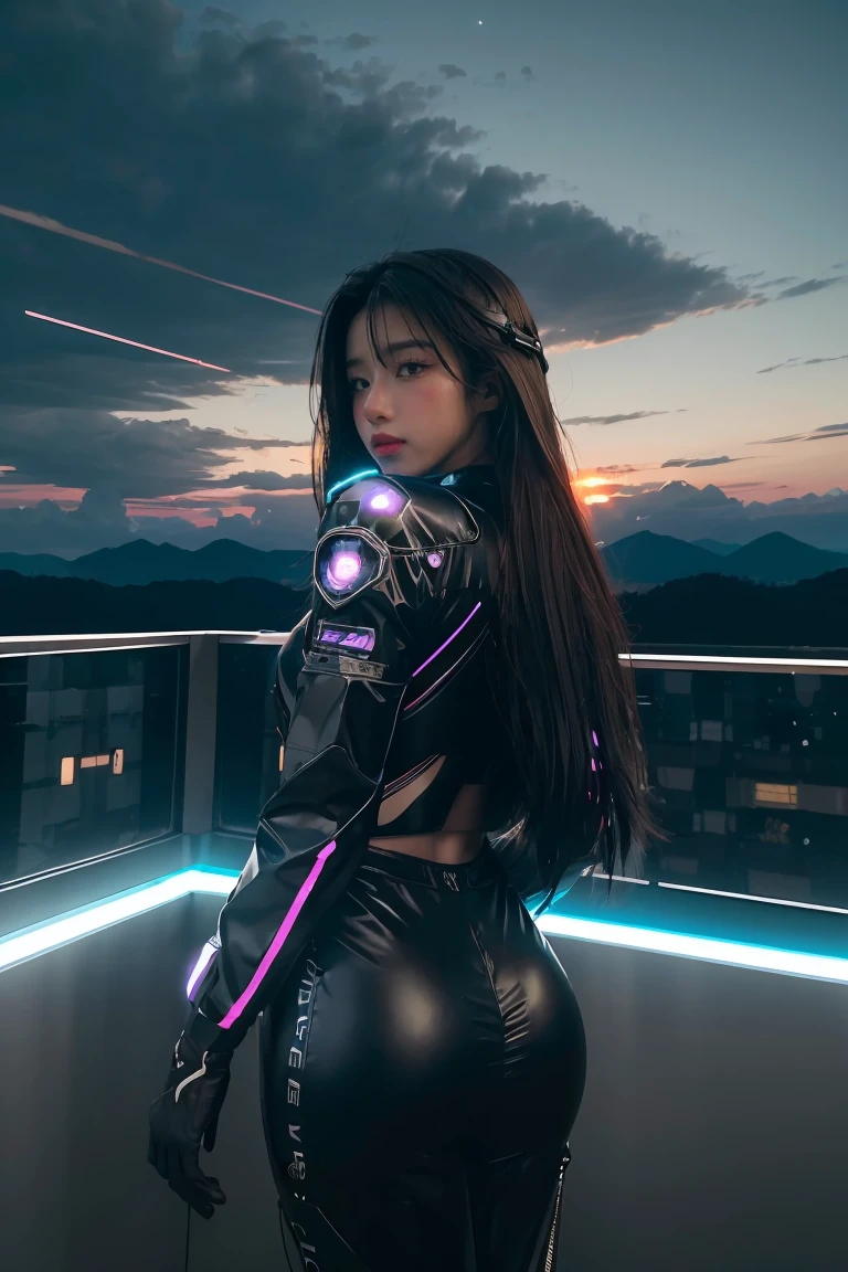 ((masterpiece, best quality, extremely detailed), volumetric lighting, ambient occlusion, colorful, glowing), 
1girl, solo, young girl, (dark hair), long hair, halo, aura, sacred, godness, cyber suit, (black outfit:1.3), android, bot, cybernetic wings,
outdoors, sunset, sky, clouds, space, (cyberpunk theme:1.2),